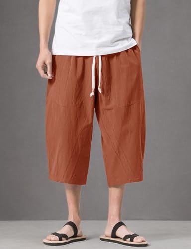 MAGNIVIT Men's Linen Cotton Capri Pants Loose Fit Elastic Waist Wide Leg Baggy Harem Pants