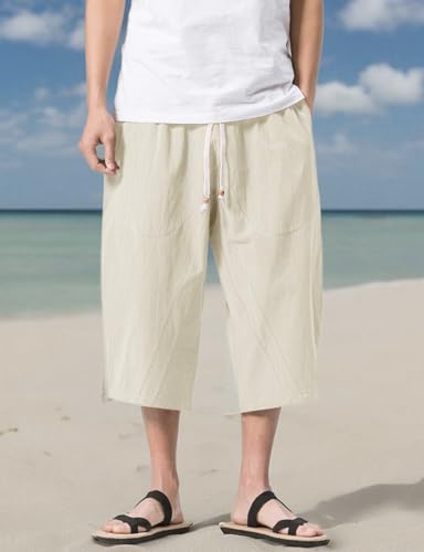 MAGNIVIT Men's Linen Cotton Capri Pants Loose Fit Elastic Waist Wide Leg Baggy Harem Pants