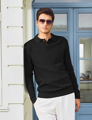 MAGNIVIT Mens Long Sleeve Knit Polo Shirts Casual Raglan Sleeve Sweater 2-Button Down Anti-Pilling Golf Shirts