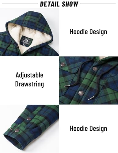 MAGNIVIT Mens Flannel Jacket Sherpa Fleece Lined Plaid Jackets Shirt Thick Snap Button Flannel Hoodie Cotton Winter Shacket