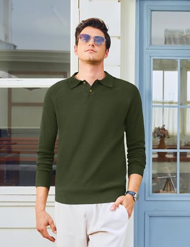 MAGNIVIT Mens Long Sleeve Knit Polo Shirts Casual Raglan Sleeve Sweater 2-Button Down Anti-Pilling Golf Shirts