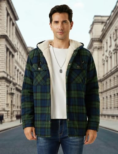 MAGNIVIT Mens Flannel Jacket Sherpa Fleece Lined Plaid Jackets Shirt Thick Snap Button Flannel Hoodie Cotton Winter Shacket