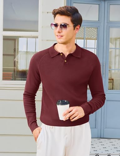 MAGNIVIT Mens Long Sleeve Knit Polo Shirts Casual Raglan Sleeve Sweater 2-Button Down Anti-Pilling Golf Shirts