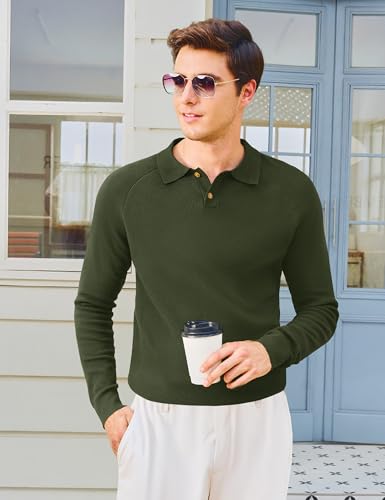 MAGNIVIT Mens Long Sleeve Knit Polo Shirts Casual Raglan Sleeve Sweater 2-Button Down Anti-Pilling Golf Shirts