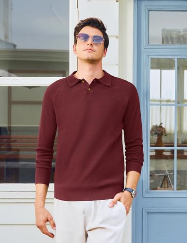 MAGNIVIT Mens Long Sleeve Knit Polo Shirts Casual Raglan Sleeve Sweater 2-Button Down Anti-Pilling Golf Shirts