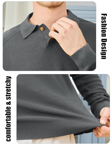 MAGNIVIT Mens Long Sleeve Knit Polo Shirts Casual Raglan Sleeve Sweater 2-Button Down Anti-Pilling Golf Shirts