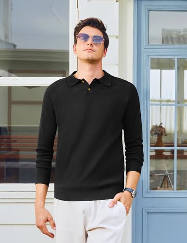 MAGNIVIT Mens Long Sleeve Knit Polo Shirts Casual Raglan Sleeve Sweater 2-Button Down Anti-Pilling Golf Shirts