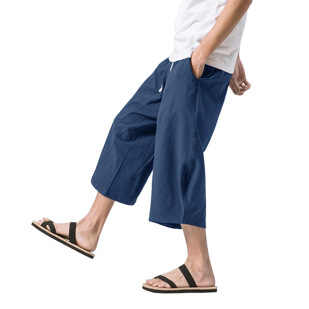 MAGNIVIT Men's Linen Cotton Capri Pants Loose Fit Elastic Waist Wide Leg Baggy Harem Pants