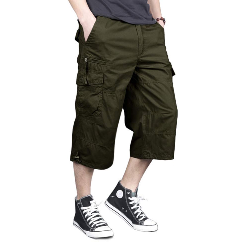 MAGNIVIT Men's Capri Long Elastic Cargo Shorts Below Knee Shorts 3/4 Cotton Cargo Casual Shorts with Multi-Pockets