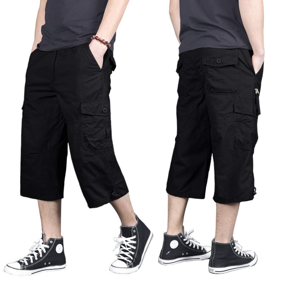 MAGNIVIT Men's Capri Long Elastic Cargo Shorts Below Knee Shorts 3/4 Cotton Cargo Casual Shorts with Multi-Pockets
