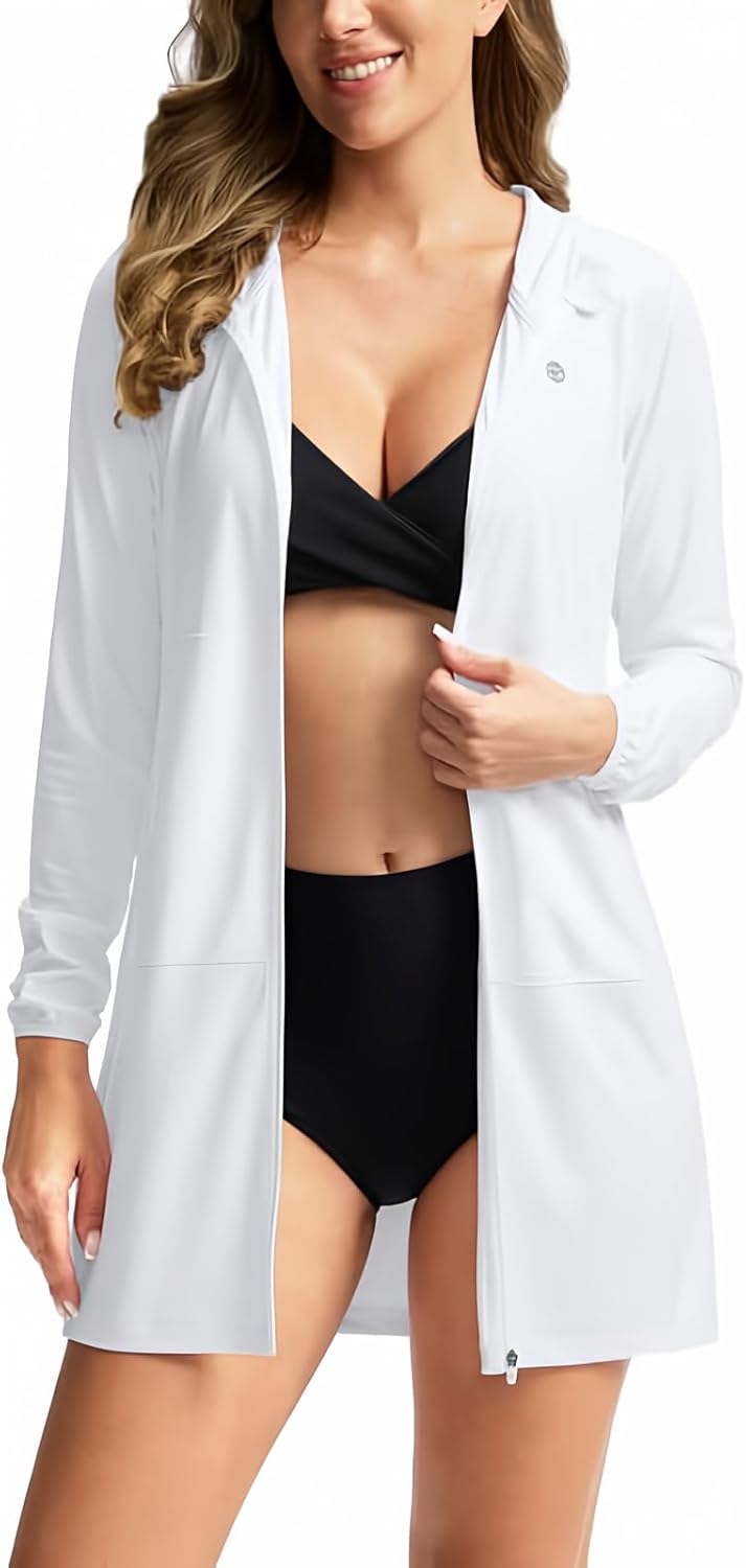 Women's UPF 50+ Swim Cover Up Sun Protection Hoodie Long Jacket SPF Lightweight Beach Cover Ups for Women