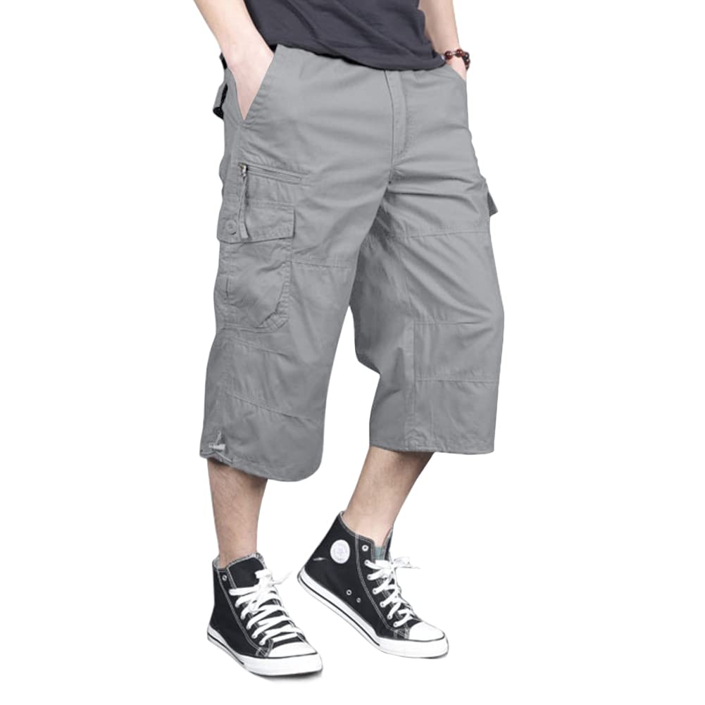 MAGNIVIT Men's Capri Long Elastic Cargo Shorts Below Knee Shorts 3/4 Cotton Cargo Casual Shorts with Multi-Pockets