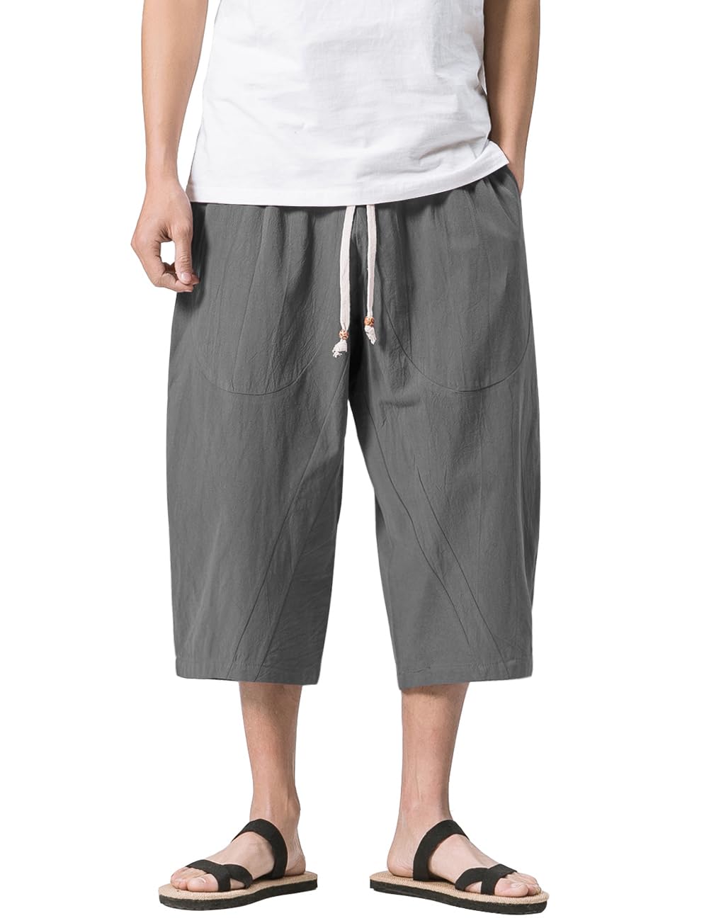 MAGNIVIT Men's Linen Cotton Capri Pants Loose Fit Elastic Waist Wide Leg Baggy Harem Pants