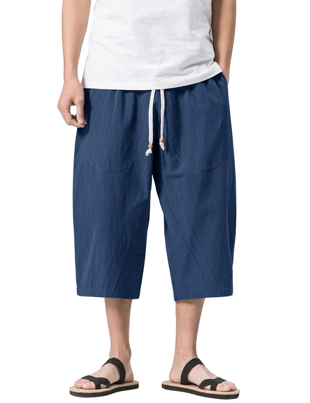 MAGNIVIT Men's Linen Cotton Capri Pants Loose Fit Elastic Waist Wide Leg Baggy Harem Pants