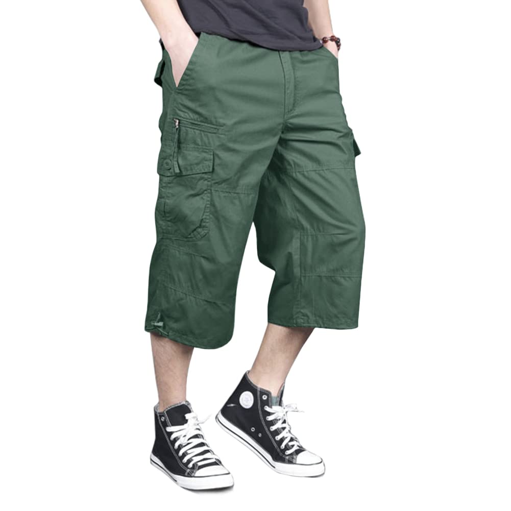 MAGNIVIT Men's Capri Long Elastic Cargo Shorts Below Knee Shorts 3/4 Cotton Cargo Casual Shorts with Multi-Pockets