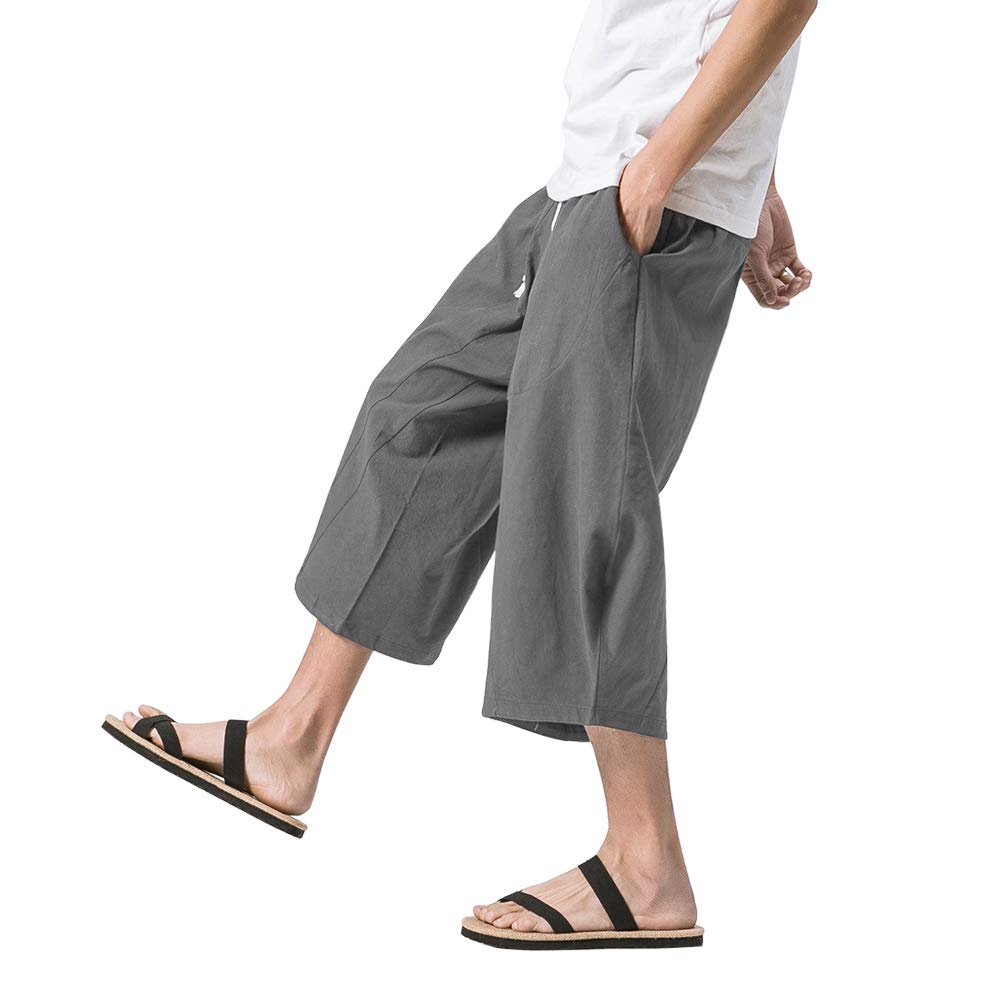 MAGNIVIT Men's Linen Cotton Capri Pants Loose Fit Elastic Waist Wide Leg Baggy Harem Pants