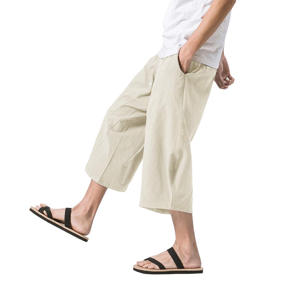 MAGNIVIT Men's Linen Cotton Capri Pants Loose Fit Elastic Waist Wide Leg Baggy Harem Pants