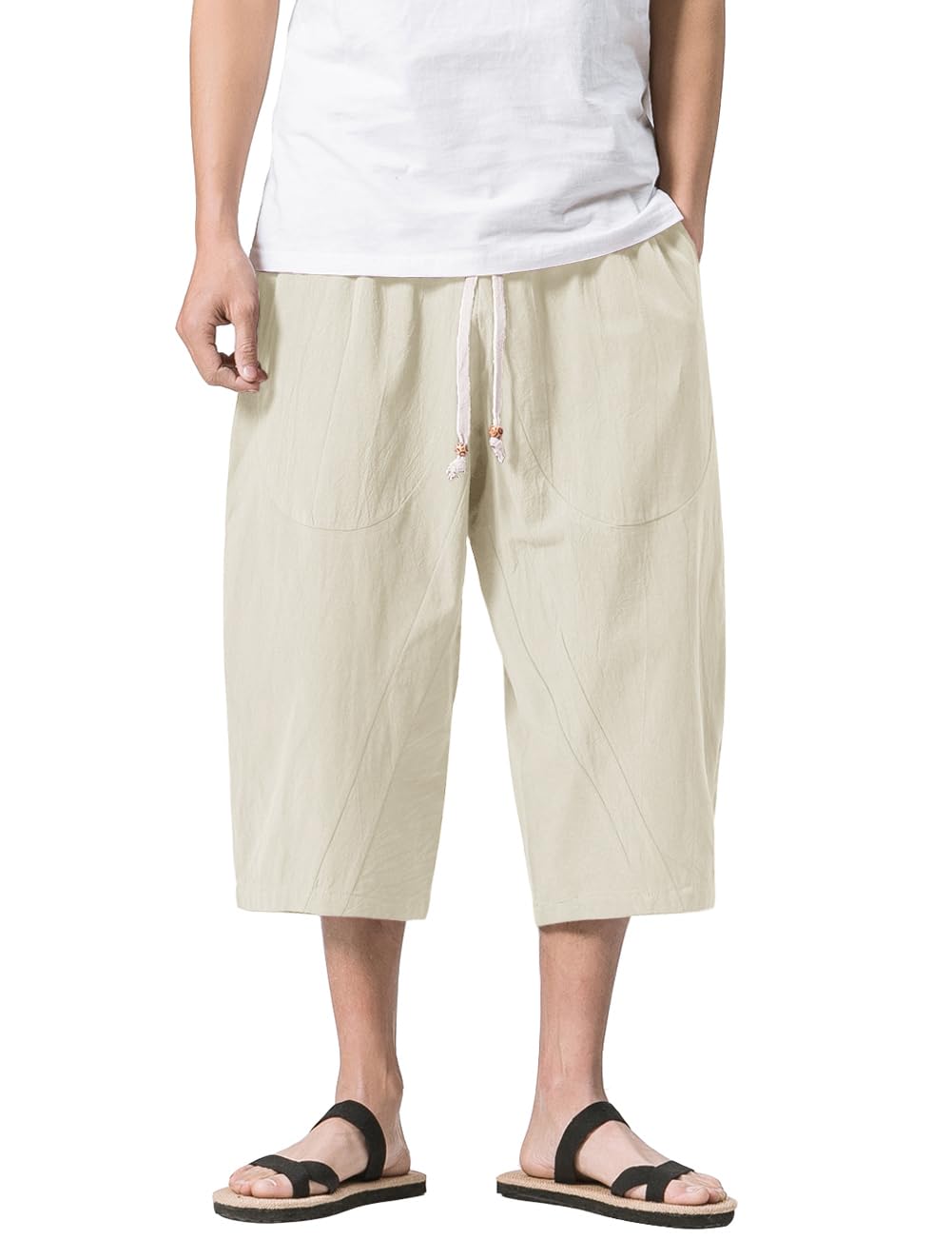 MAGNIVIT Men's Linen Cotton Capri Pants Loose Fit Elastic Waist Wide Leg Baggy Harem Pants