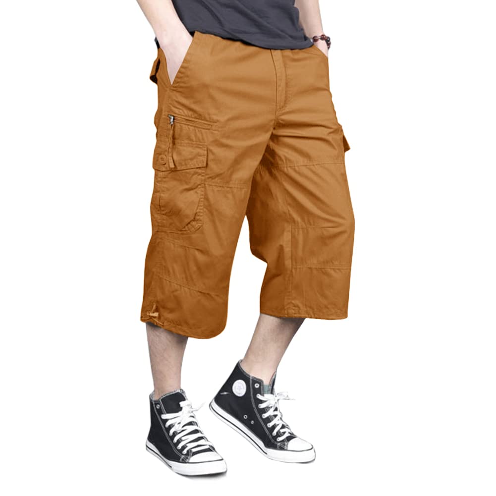 MAGNIVIT Men's Capri Long Elastic Cargo Shorts Below Knee Shorts 3/4 Cotton Cargo Casual Shorts with Multi-Pockets