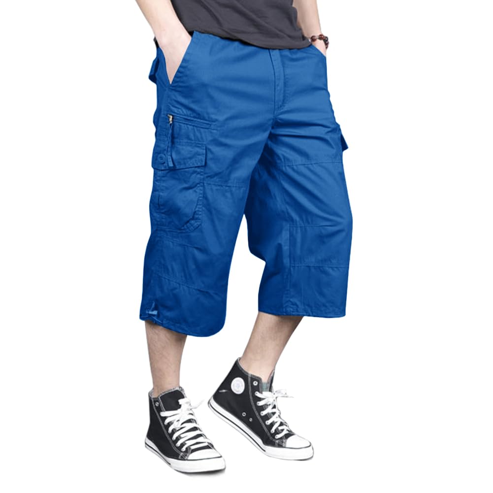 MAGNIVIT Men's Capri Long Elastic Cargo Shorts Below Knee Shorts 3/4 Cotton Cargo Casual Shorts with Multi-Pockets