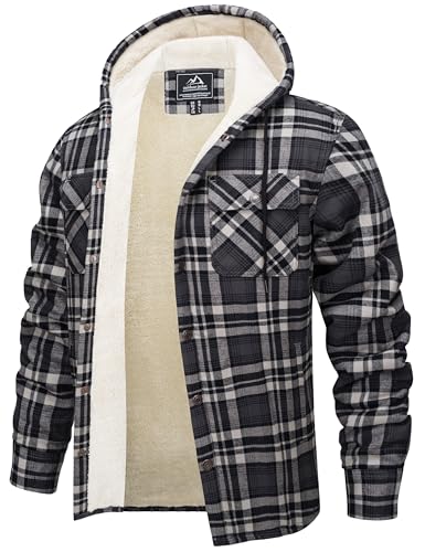 MAGNIVIT Mens Flannel Jacket Sherpa Fleece Lined Plaid Jackets Shirt Thick Snap Button Flannel Hoodie Cotton Winter Shacket
