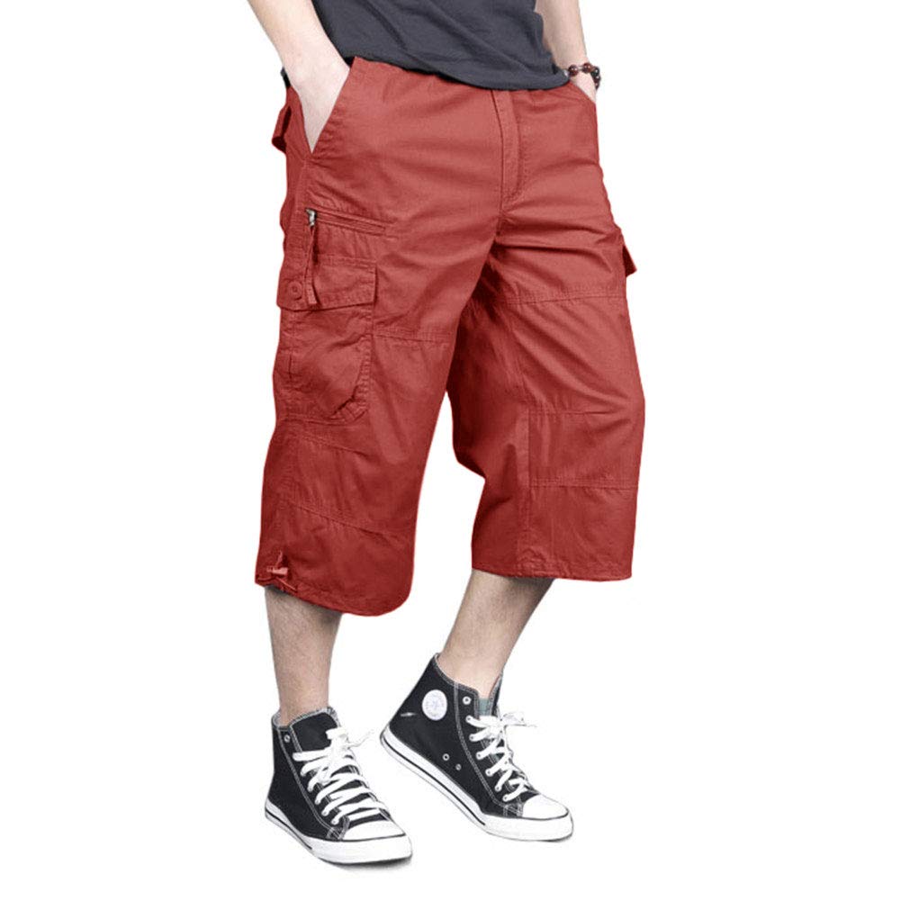 MAGNIVIT Men's Capri Long Elastic Cargo Shorts Below Knee Shorts 3/4 Cotton Cargo Casual Shorts with Multi-Pockets