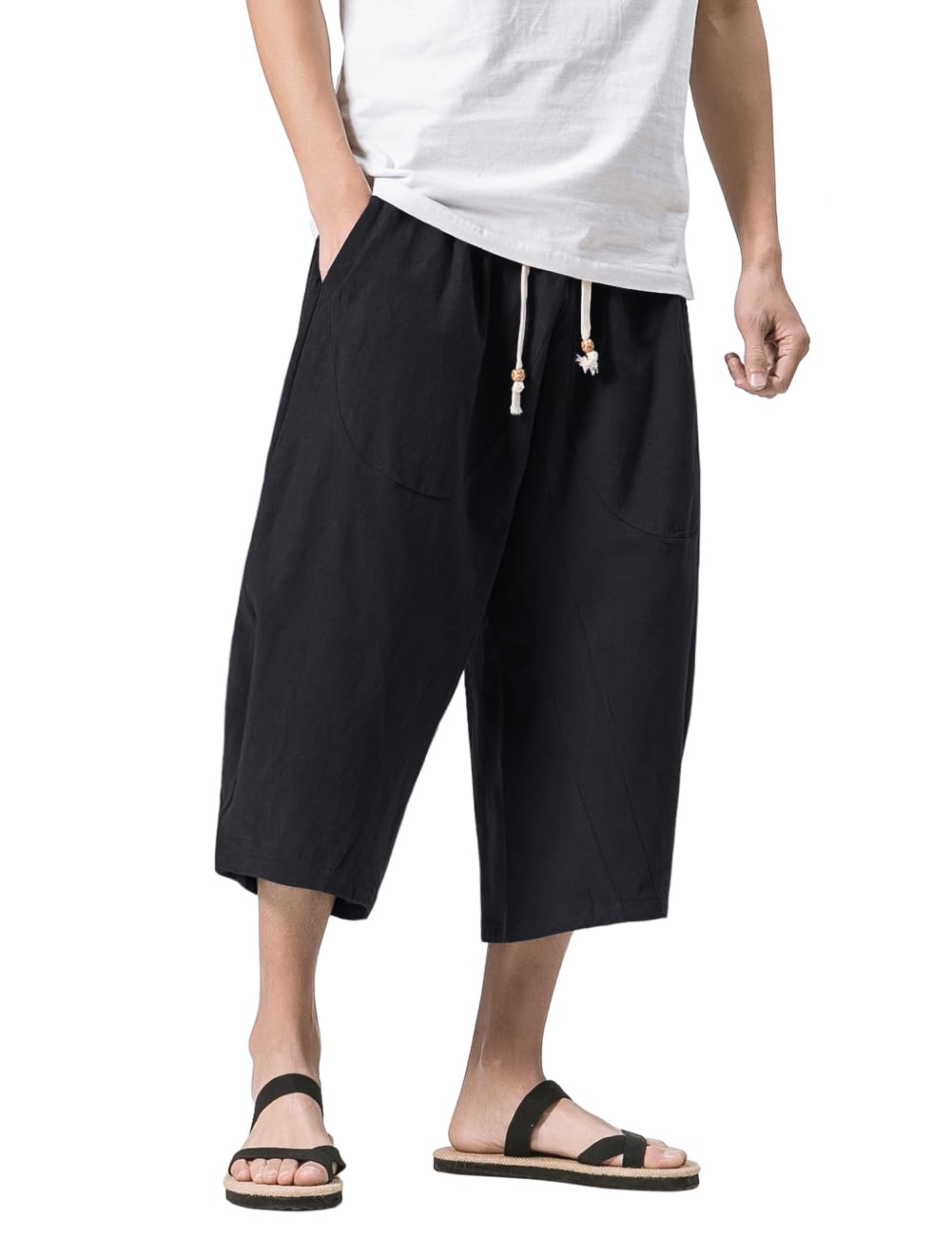 MAGNIVIT Men's Linen Cotton Capri Pants Loose Fit Elastic Waist Wide Leg Baggy Harem Pants
