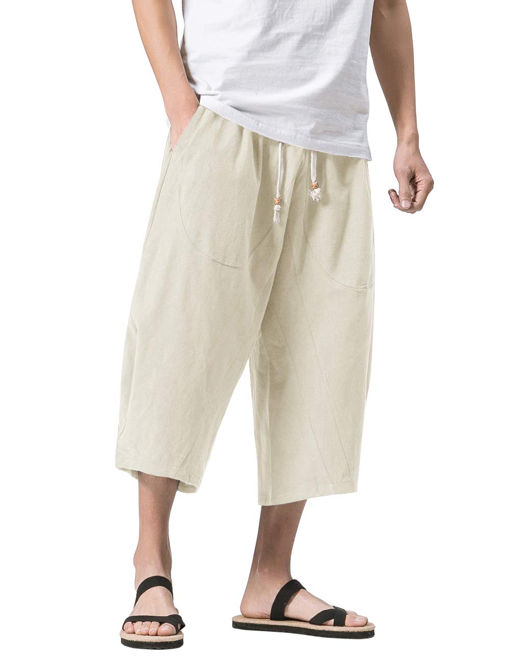 MAGNIVIT Men's Linen Cotton Capri Pants Loose Fit Elastic Waist Wide Leg Baggy Harem Pants
