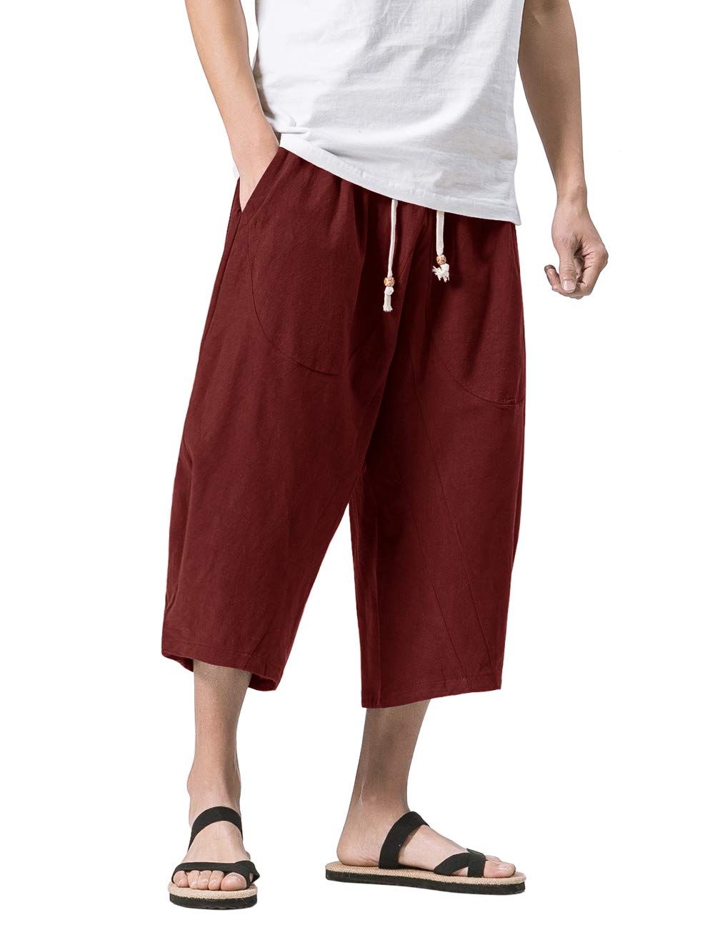 MAGNIVIT Men's Linen Cotton Capri Pants Loose Fit Elastic Waist Wide Leg Baggy Harem Pants