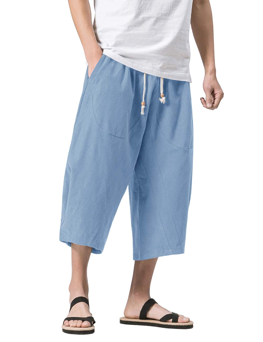 MAGNIVIT Men's Linen Cotton Capri Pants Loose Fit Elastic Waist Wide Leg Baggy Harem Pants
