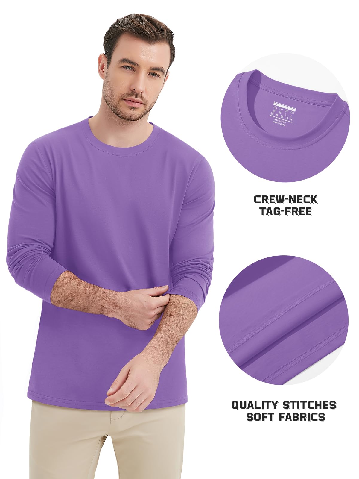 MAGNIVIT Men's Long Sleeve Shirts Cotton T-Shirt Crew Neck Midweight Tees Classic Basic Casual Tops Plain Soft Shirt