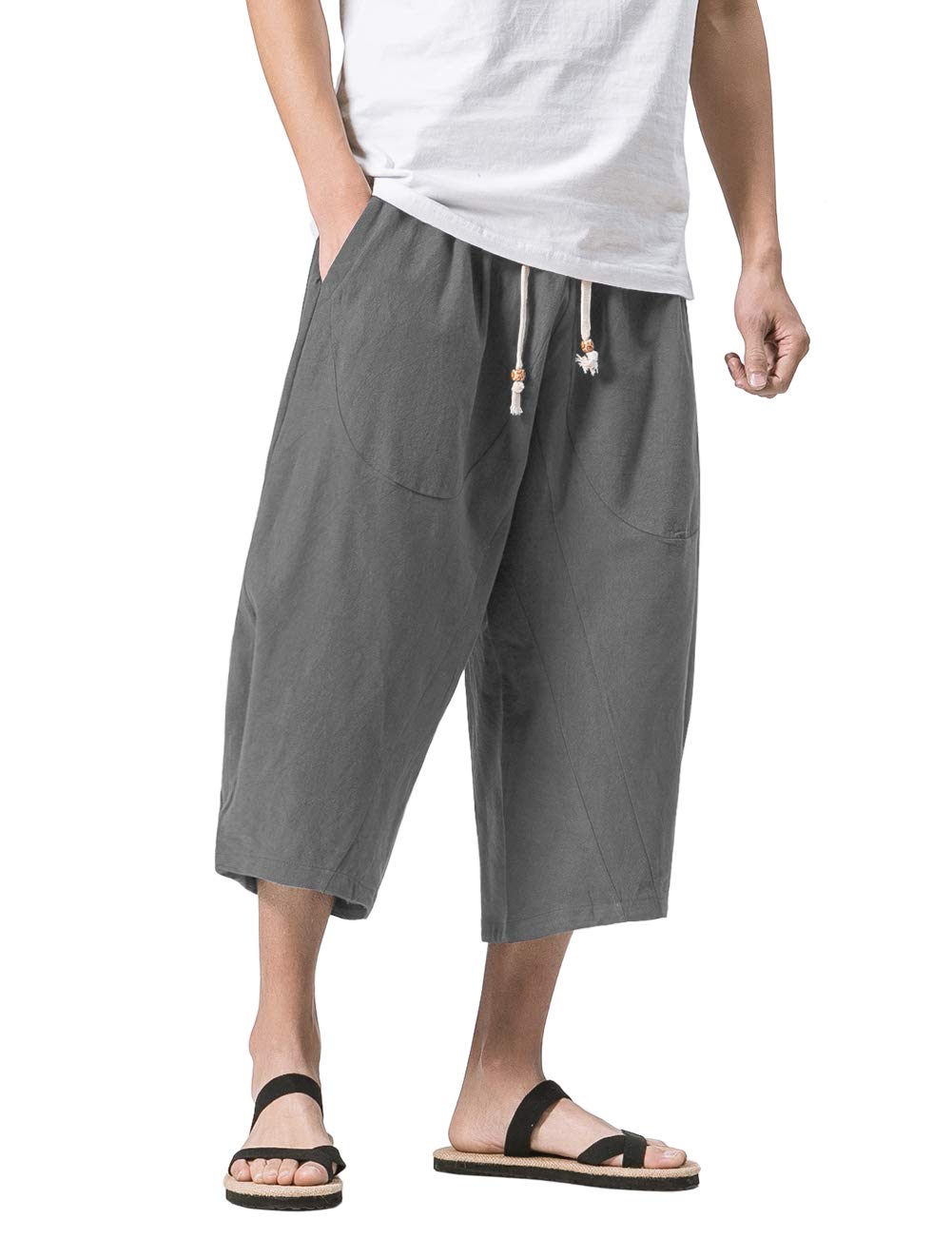 MAGNIVIT Men's Linen Cotton Capri Pants Loose Fit Elastic Waist Wide Leg Baggy Harem Pants