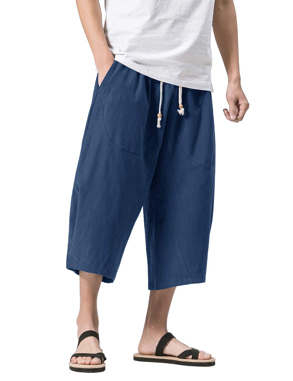 MAGNIVIT Men's Linen Cotton Capri Pants Loose Fit Elastic Waist Wide Leg Baggy Harem Pants