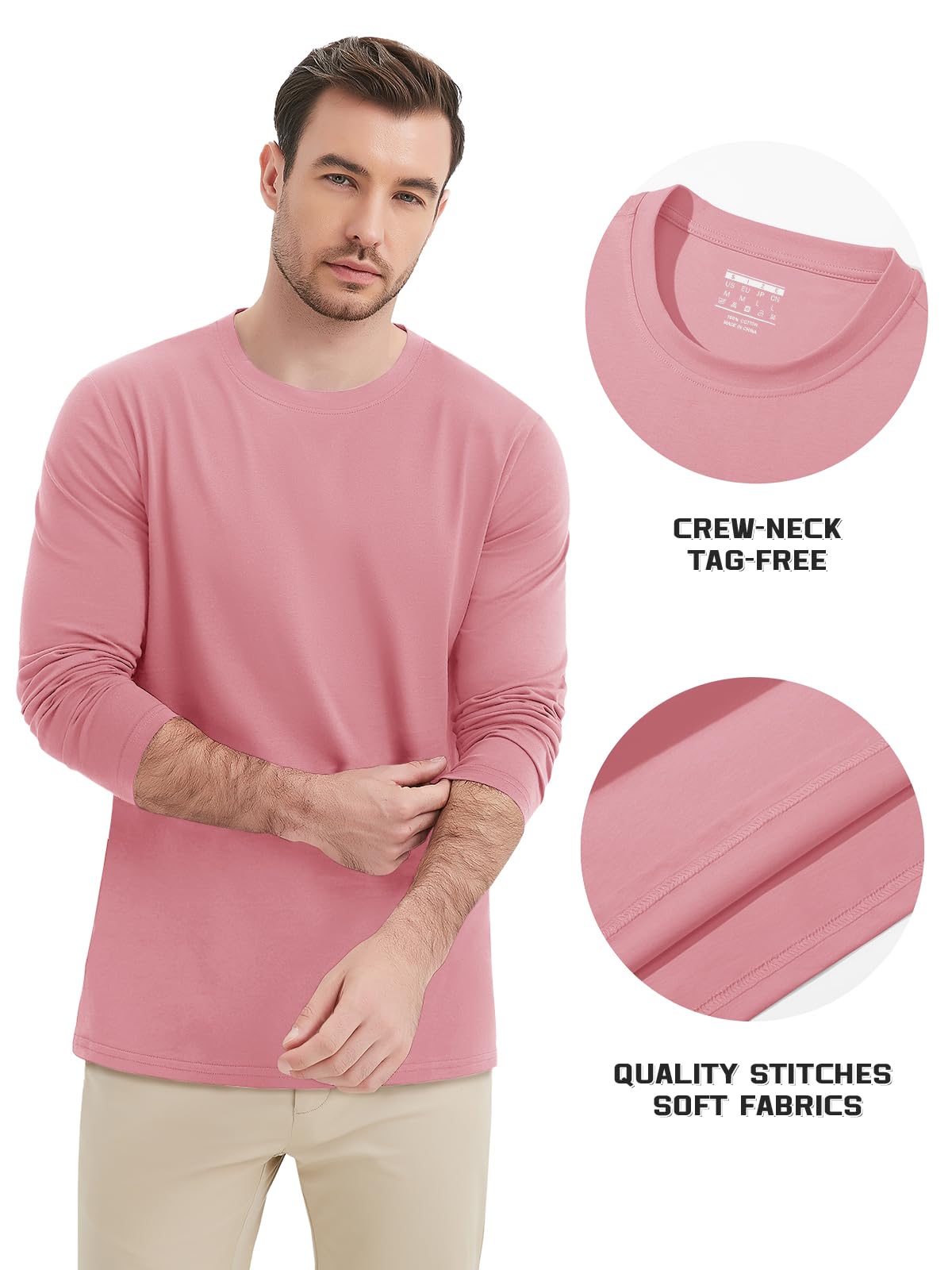 MAGNIVIT Men's Long Sleeve Shirts Cotton T-Shirt Crew Neck Midweight Tees Classic Basic Casual Tops Plain Soft Shirt