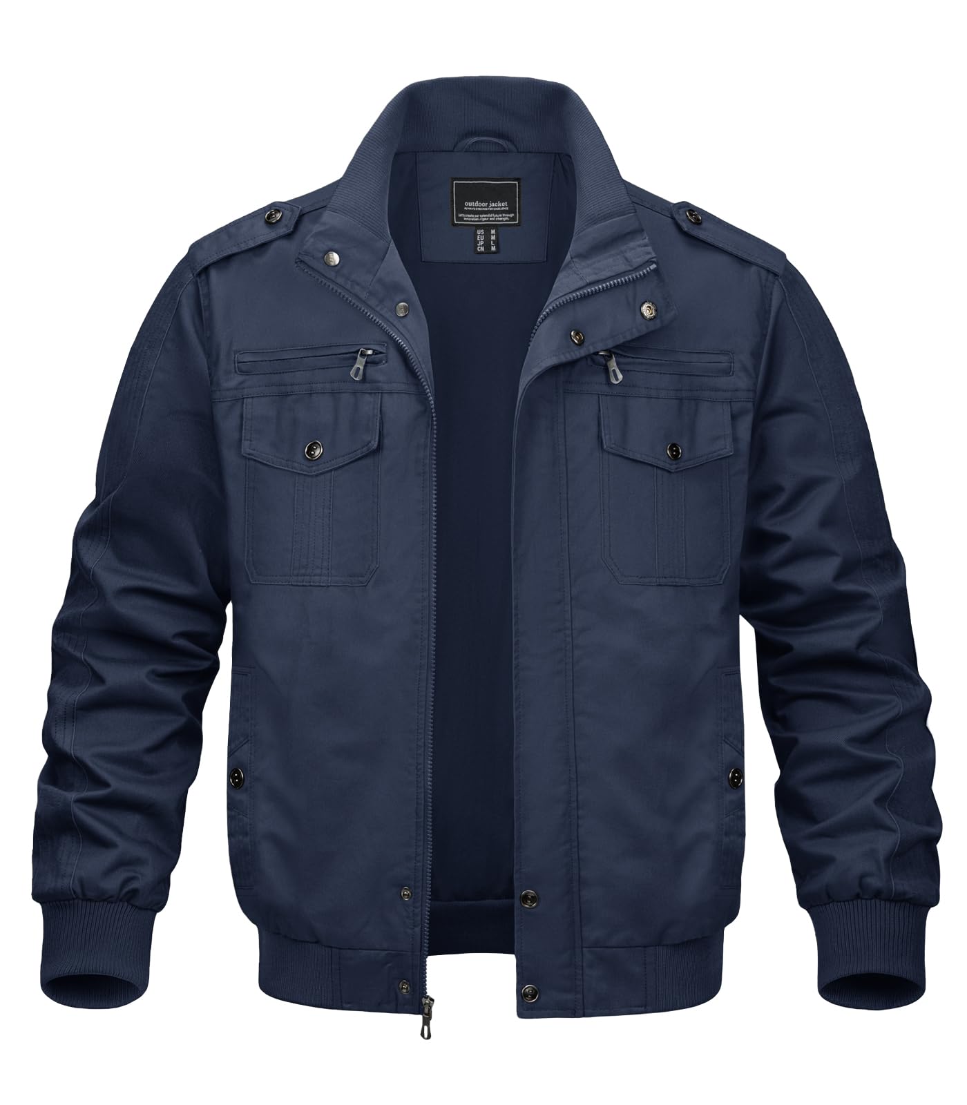 MAGNIVIT Men's Military Lightweight Army Windbreaker Cargo Jacket With Stand Collar, Zip Front, 7 Pockets - Cotton