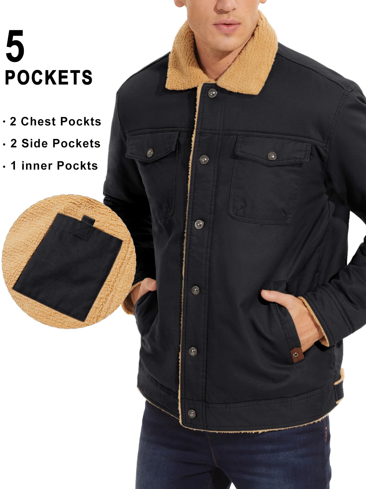 MAGNIVIT Men's Cotton Cargo Jacket Winter Sherpa Fleece Lined Work Jacket Coats with 5 Pockets