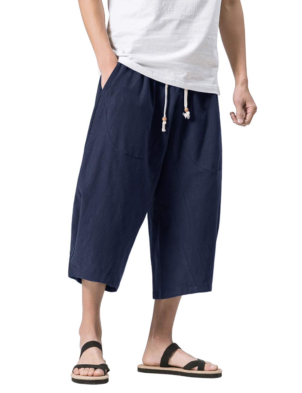 MAGNIVIT Men's Linen Cotton Capri Pants Loose Fit Elastic Waist Wide Leg Baggy Harem Pants