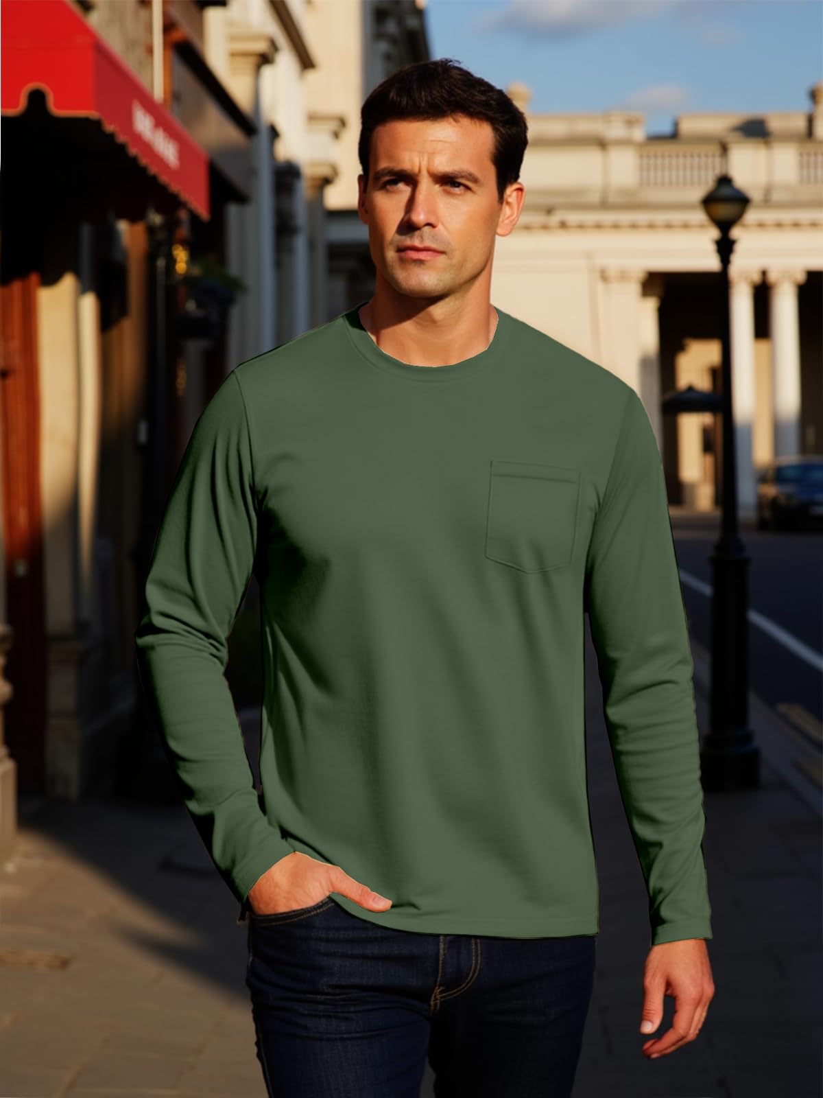 MAGNIVIT Men's Long Sleeve Cotton Shirts with Pocket Crew Neck Casual Shirt Regular Fit Solid Top Spring Fashion 2025