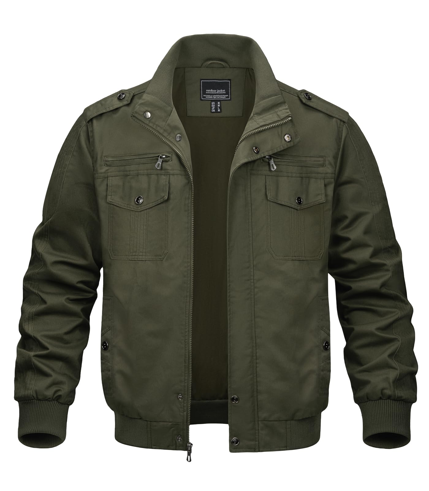 MAGNIVIT Men's Military Lightweight Army Windbreaker Cargo Jacket With Stand Collar, Zip Front, 7 Pockets - Cotton