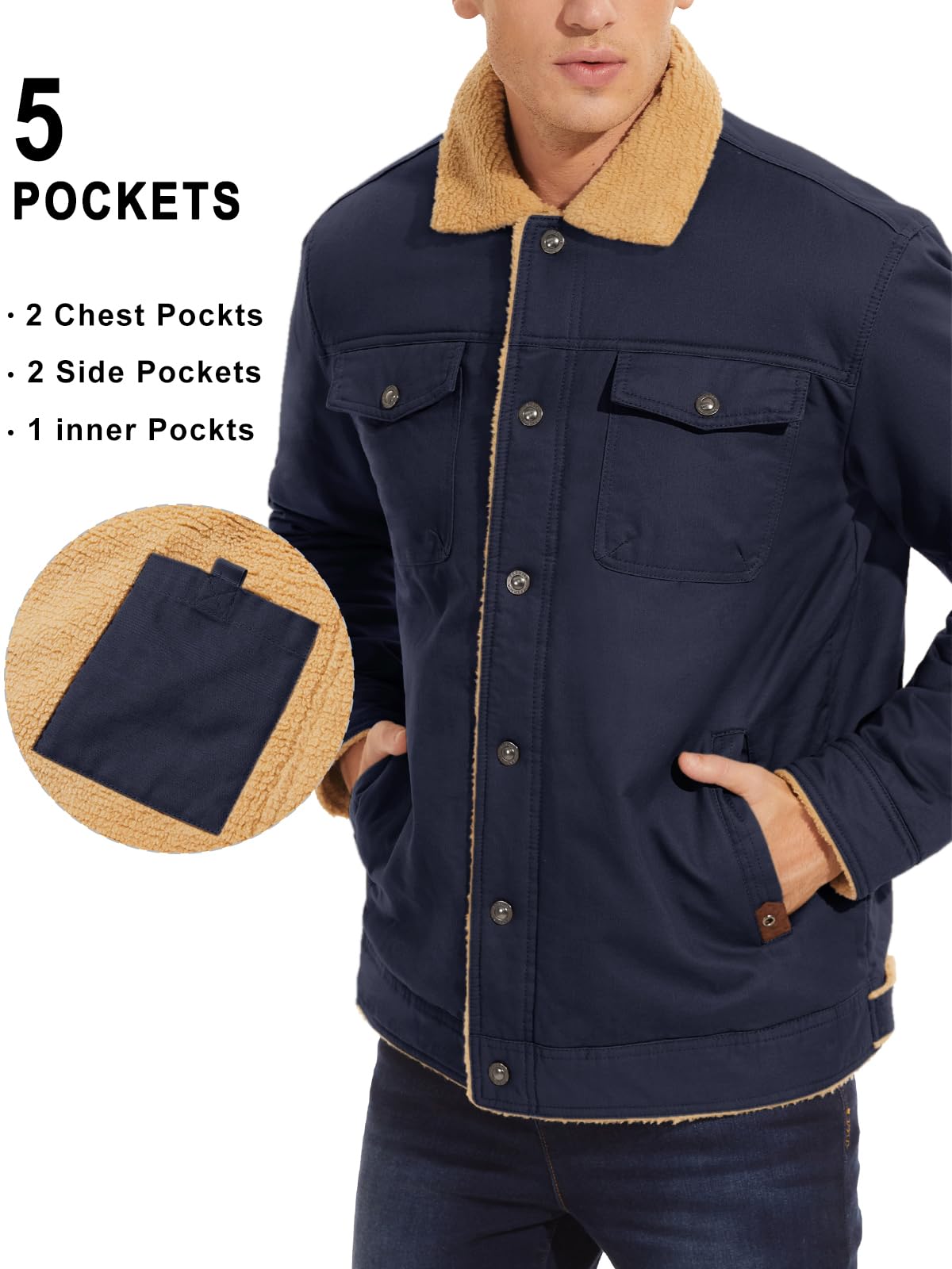MAGNIVIT Men's Cotton Cargo Jacket Winter Sherpa Fleece Lined Work Jacket Coats with 5 Pockets