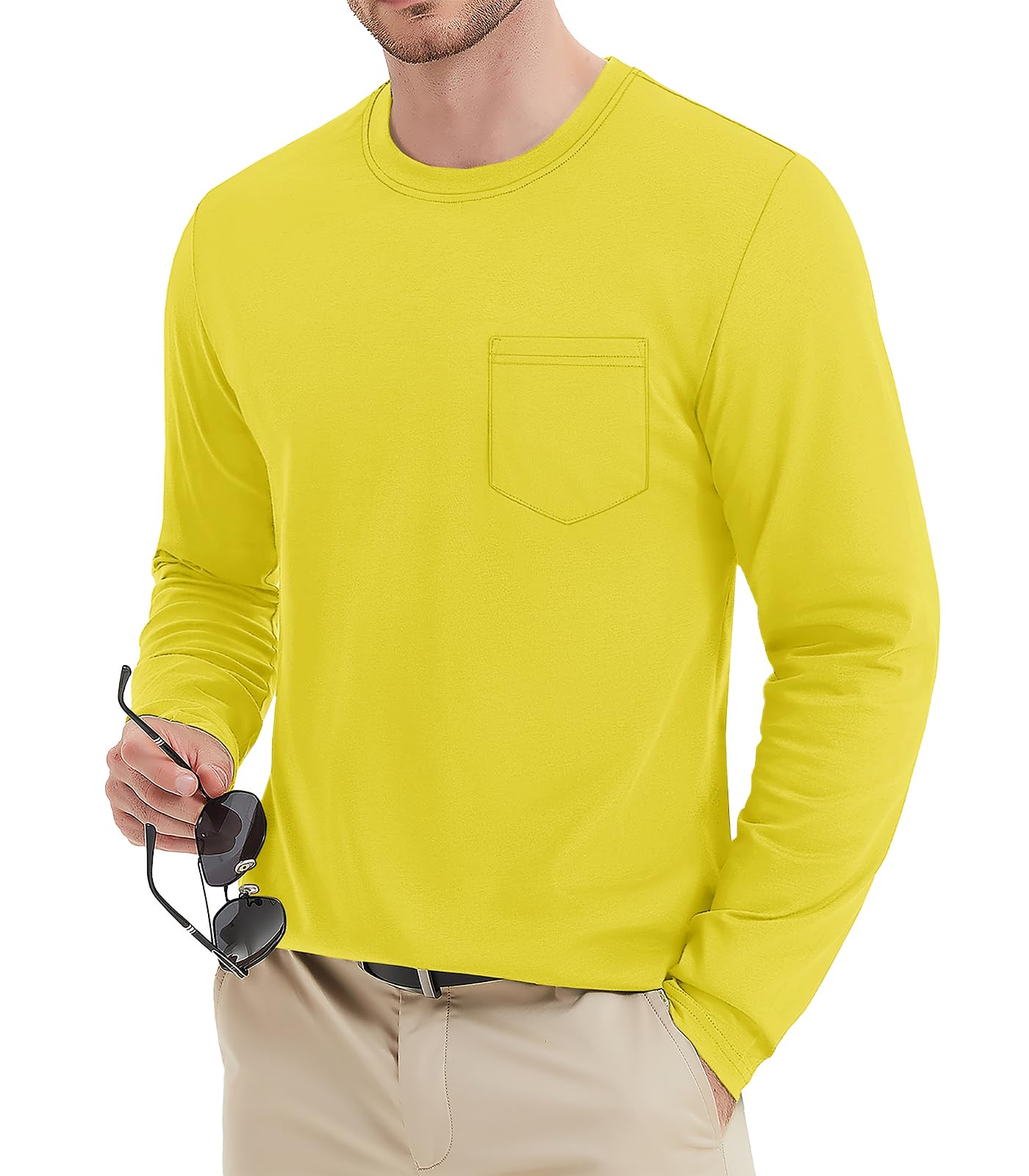 MAGNIVIT Men's Long Sleeve Cotton Shirts with Pocket Crew Neck Casual Shirt Regular Fit Solid Top Spring Fashion 2025