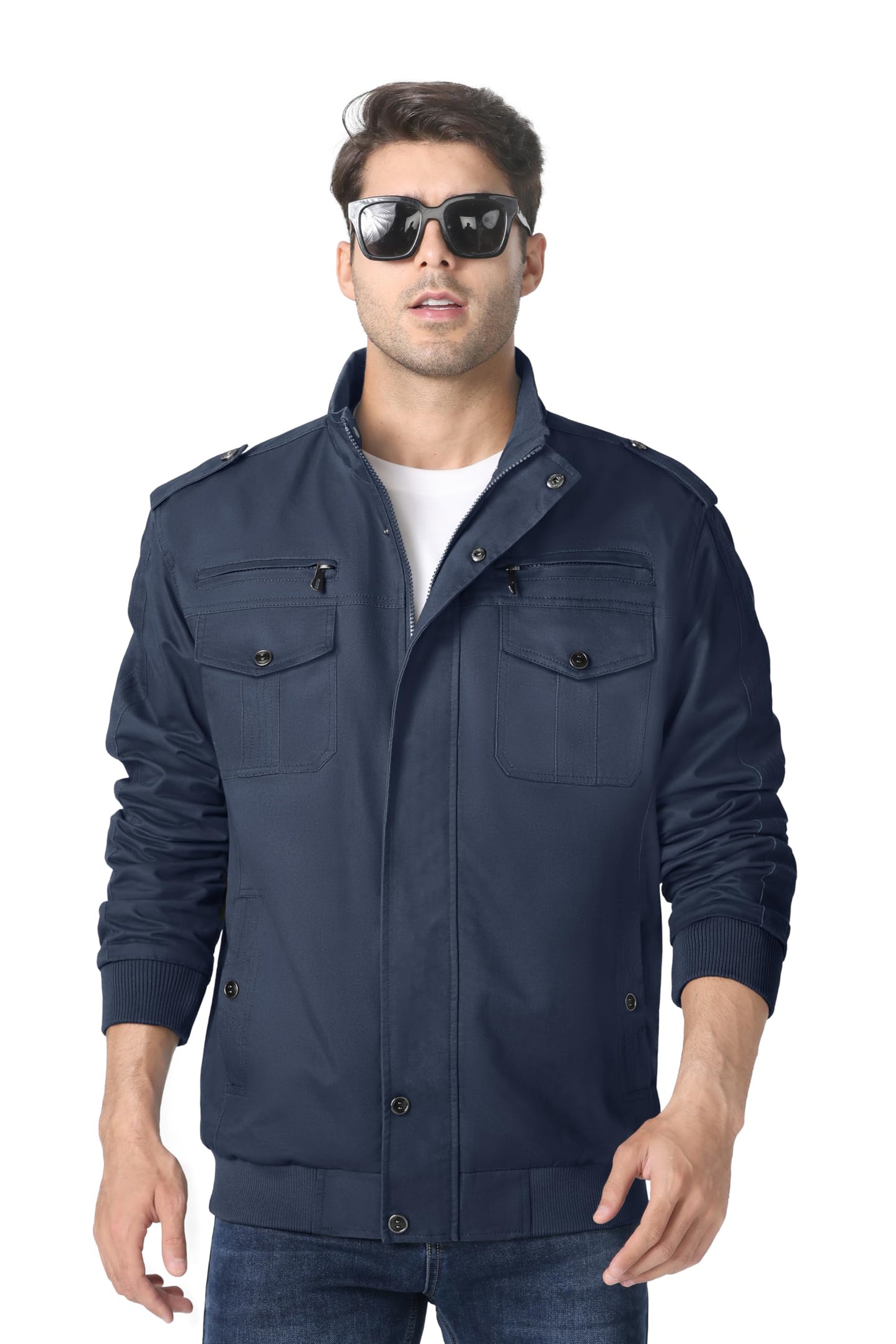 MAGNIVIT Men's Military Lightweight Army Windbreaker Cargo Jacket With Stand Collar, Zip Front, 7 Pockets - Cotton