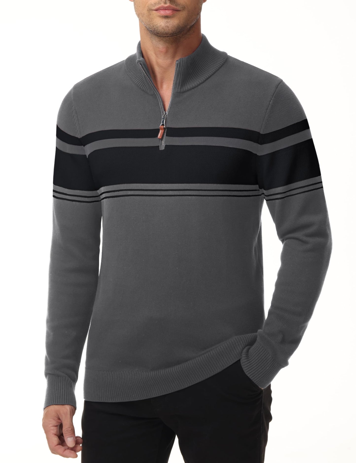 MAGNIVIT Men's Sweater Quarter Zip Striped Pullover Fall Winter Spring Color Block Polo Sweatshirts