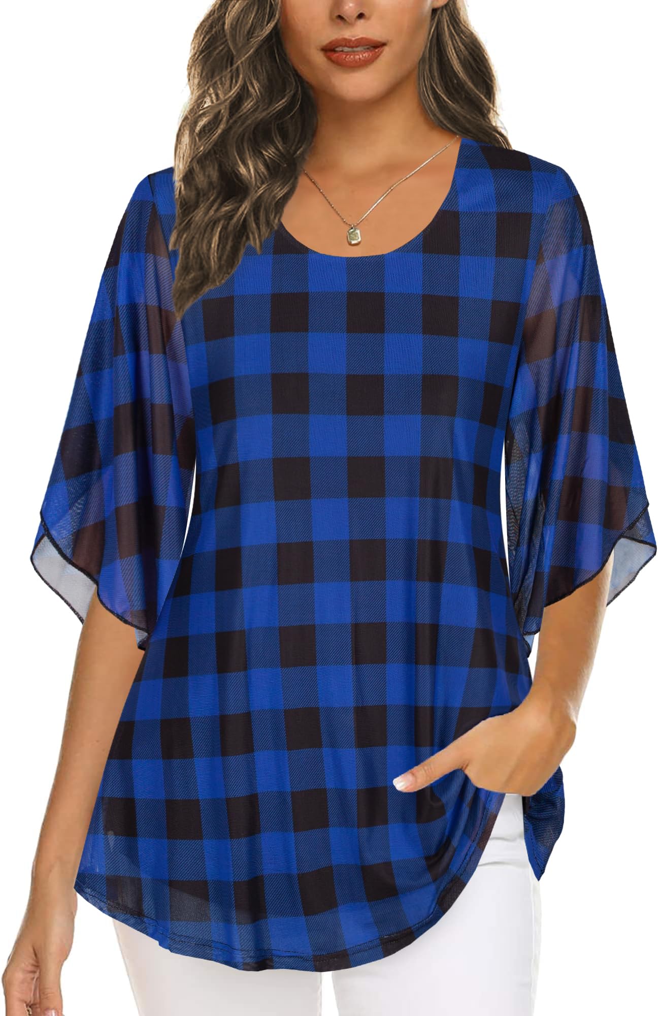 Ninedaily Women's Tops 3/4 Sleeve Blouses Dressy Casual Double Layers Mesh Tunic Shirts