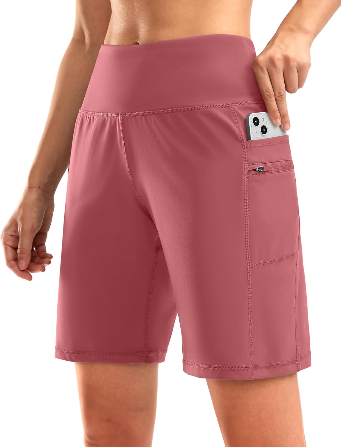 G Gradual Women's High Waisted 9" Bermuda Shorts with Zipper Pockets Athletic Workout Long Shorts for Women Knee Length
