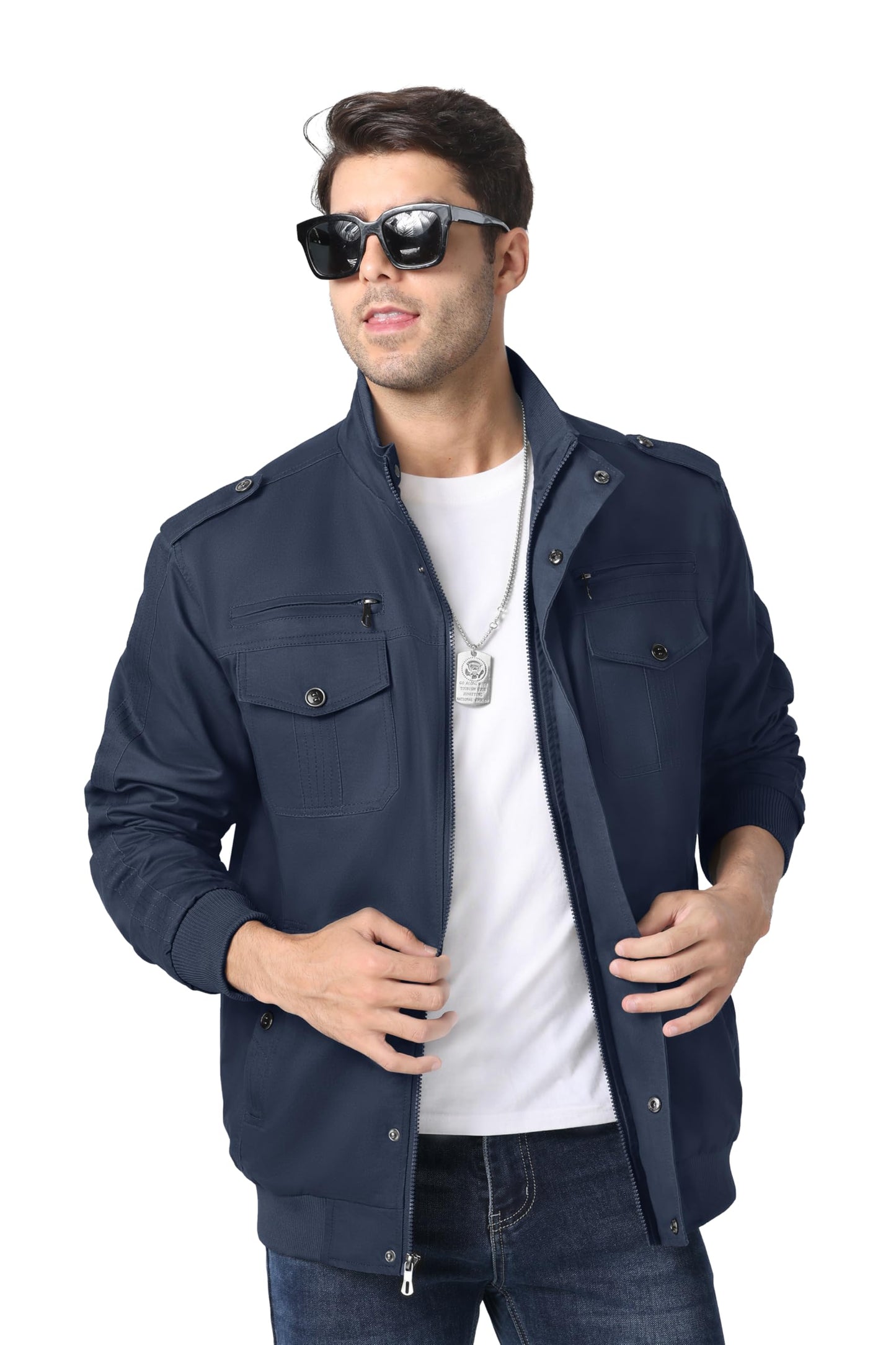 MAGNIVIT Men's Military Lightweight Army Windbreaker Cargo Jacket With Stand Collar, Zip Front, 7 Pockets - Cotton