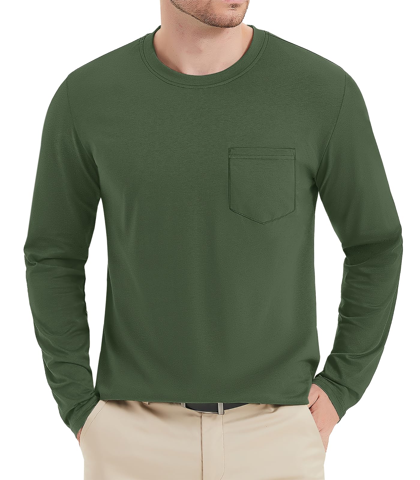 MAGNIVIT Men's Long Sleeve Cotton Shirts with Pocket Crew Neck Casual Shirt Regular Fit Solid Top Spring Fashion 2025