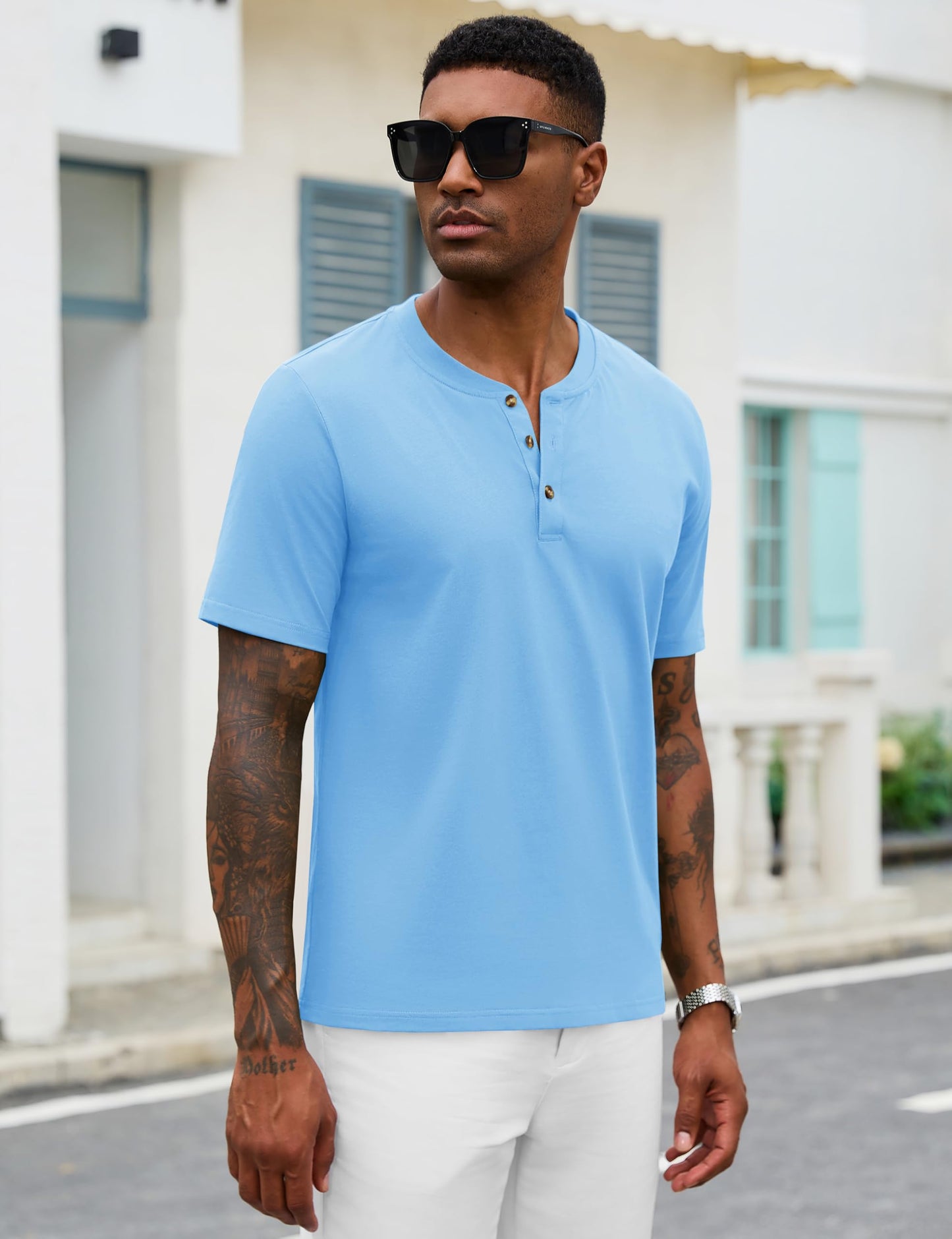 MAGNIVIT Mens Henley Shirts Short Sleeve Cotton Casual Summer Basic T-Shirts 3 Button Solid Collarless Shirts for Work