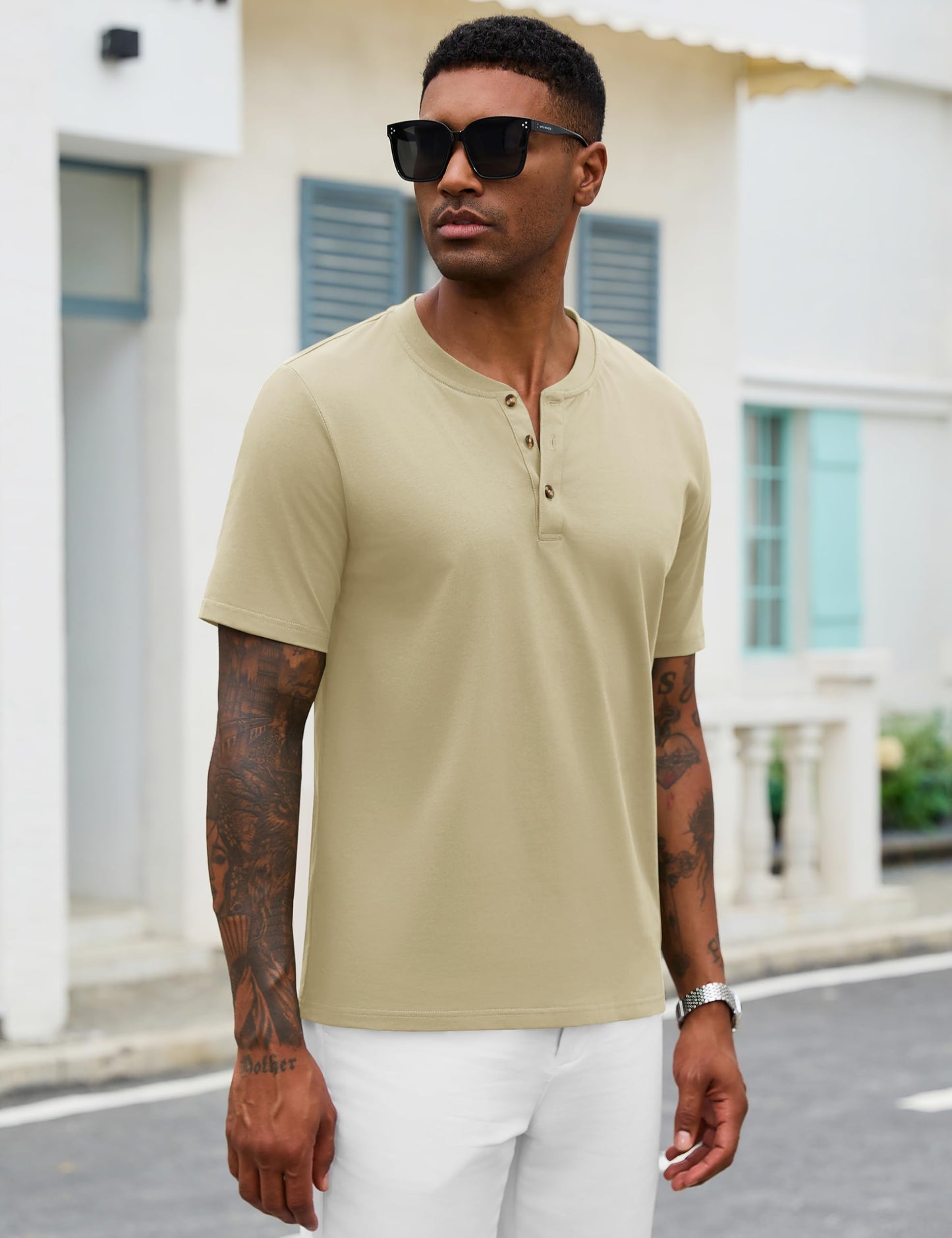 MAGNIVIT Mens Henley Shirts Short Sleeve Cotton Casual Summer Basic T-Shirts 3 Button Solid Collarless Shirts for Work