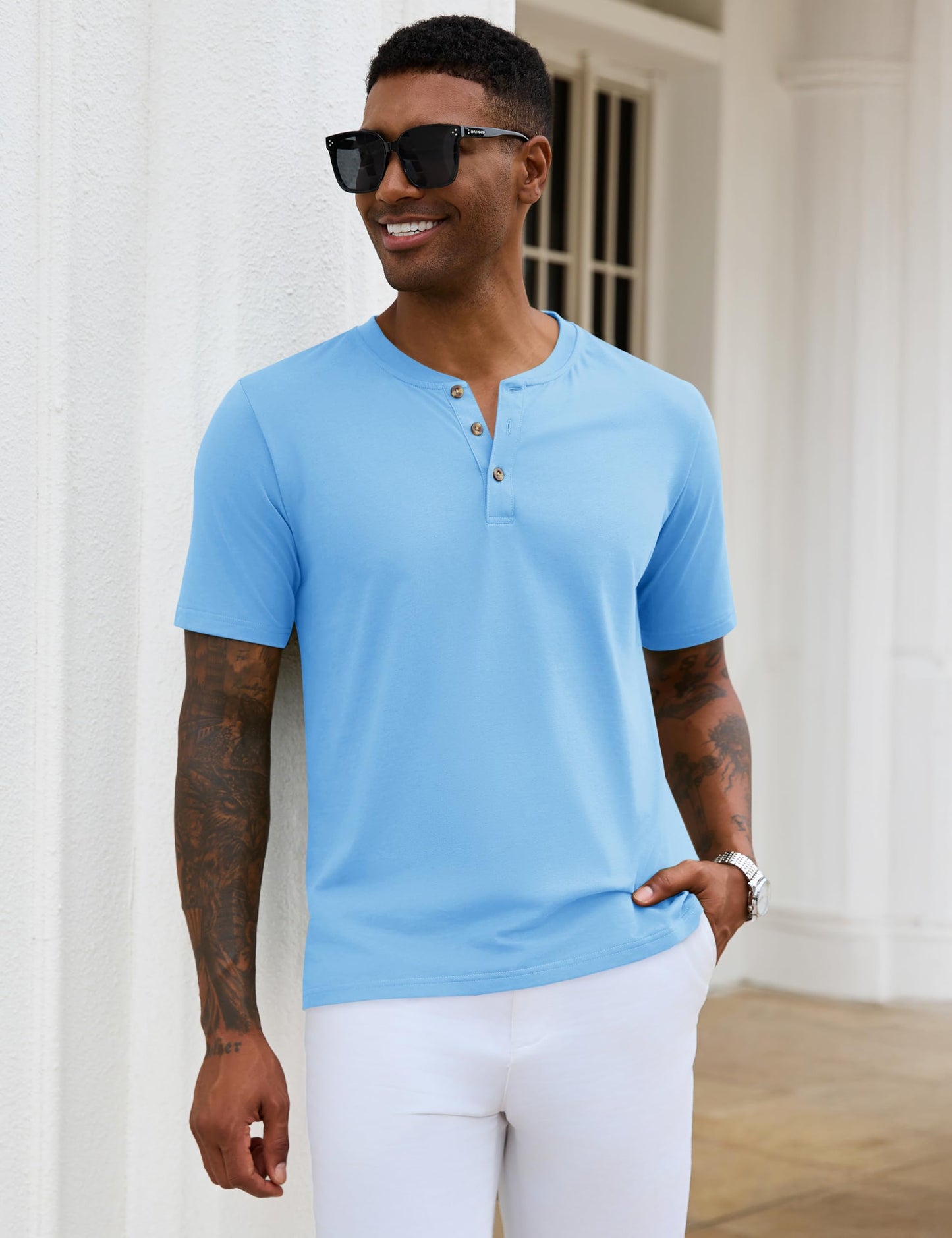 MAGNIVIT Mens Henley Shirts Short Sleeve Cotton Casual Summer Basic T-Shirts 3 Button Solid Collarless Shirts for Work